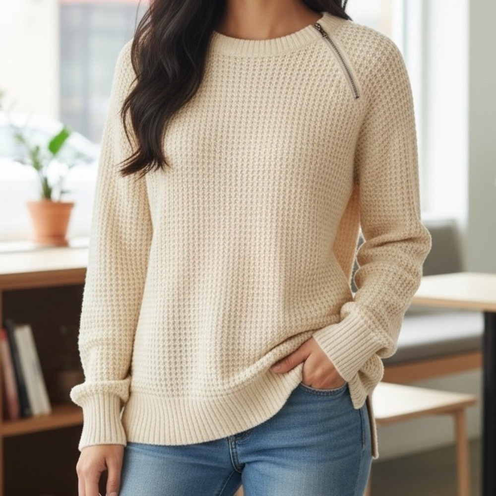Loft Womens XL Cream Knit Long Sweater Tunic Shoulder‎ Zipper Detail Long Sleeve